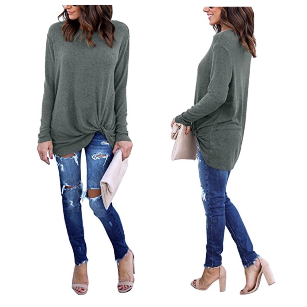 KAT LONG SLEEVE TEE SIDE TWIST KNOT GREYISH GREEN